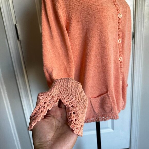 Chadwick's  coral colored knit cardigan with delicate crotchet-style trim - Picture 4 of 7